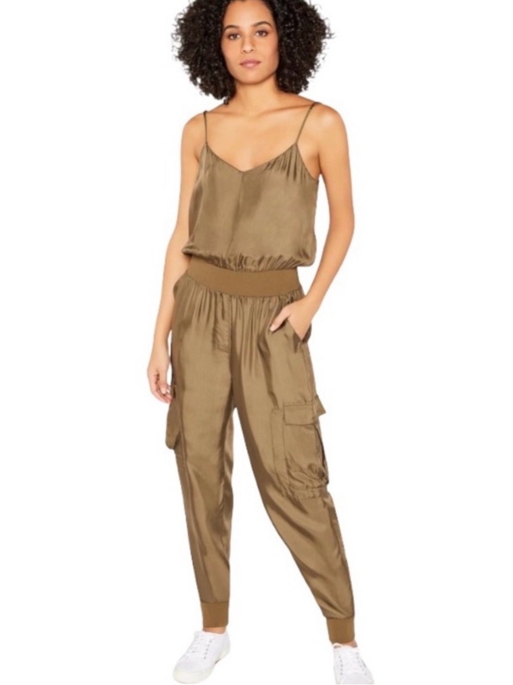 cinq a sept Olive Brown Spaghetti-Strap Jumpsuit